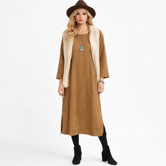 Victoria Holley Dresses & Skirts - Victoria Holley Tan Cotton Knit Midi Dress Pintuck Tie Back Lagenlook Size 12